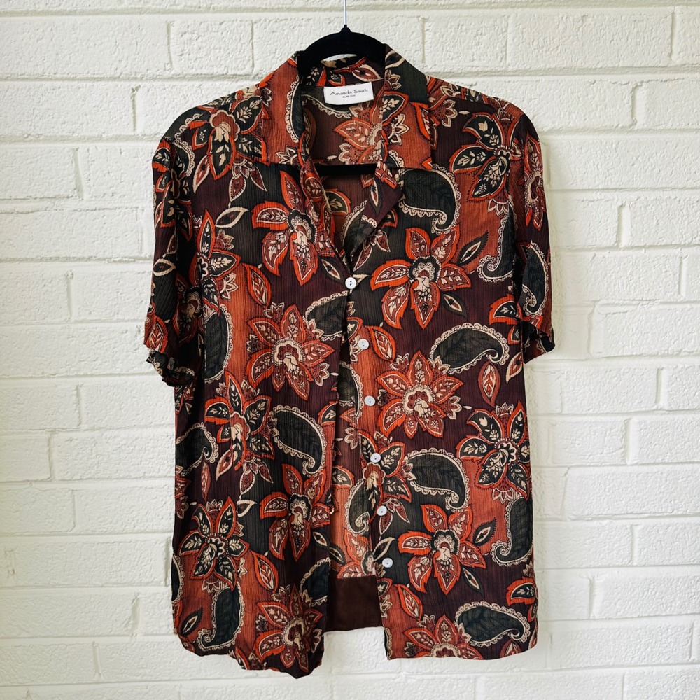 Vintage Y2K Amanda Smith Pure Silk Paisley Floral Sheer Button Up M - Picture 2 of 8
